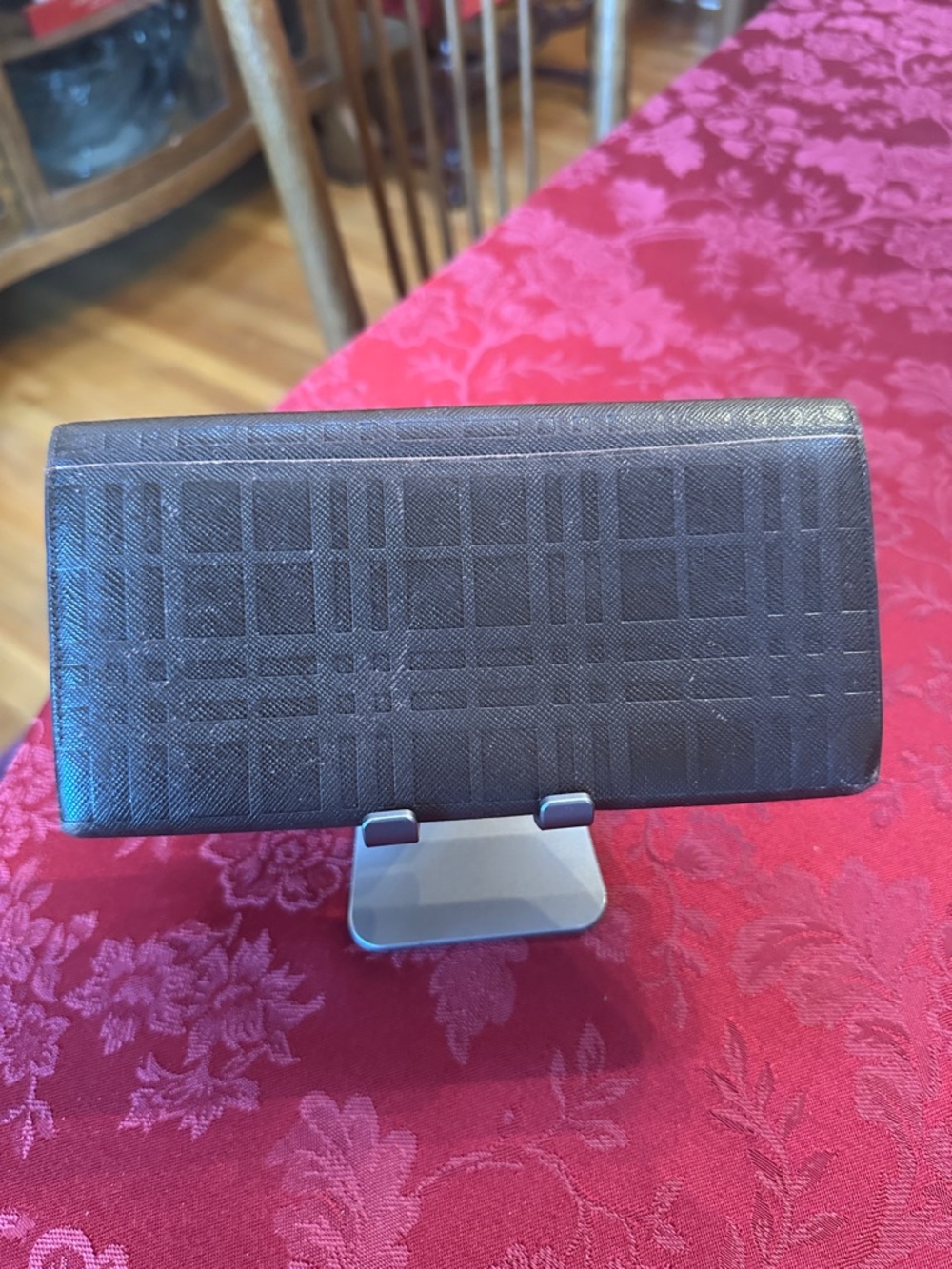 Burberry Dark Brown Leather Plaid Embossed Long Snap Wallet - Picture 3 of 13